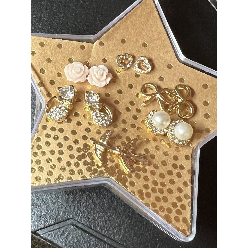 Six Pairs Girly Stud Post Gold Earrings New in Box